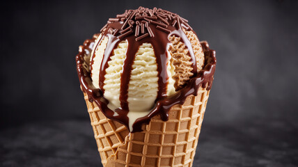Drizzled Delight Gourmet Ice Cream Cone in Dramatic Light (1)