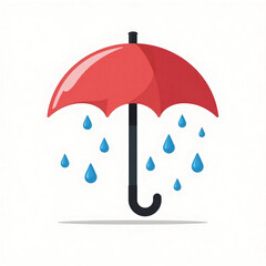 A simple and clean flat-style vector illustration of a red umbrella with a black handle, surrounded by blue raindrops. The image features a minimal white background, making it perfect for weather-rela