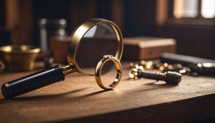 A close-up view of a magnifying glass and a golden ring on a wooden table in a cozy workshop