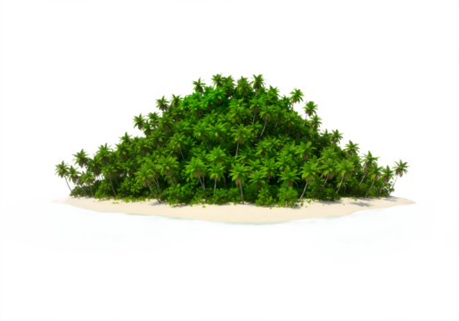 Tropical Island with Palm Trees, Sandy Beach, and Turquoise Waters Against White Background.


