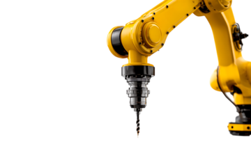 Close up of a yellow robotic arm with a drill bit.
