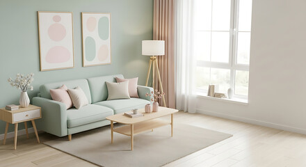 Serene Living Room Interior Design  Pastel Hues and Natural Light