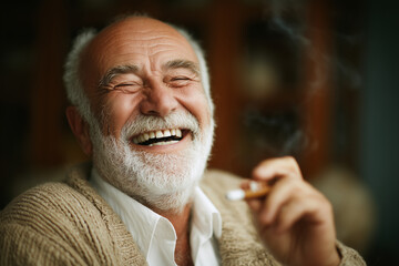 Joyful Serenity: A close-up view of a laughing senior man, exhaling smoke from a cigar. Radiating contentment and warmth, this portrait is the epitome of joyful serenity.