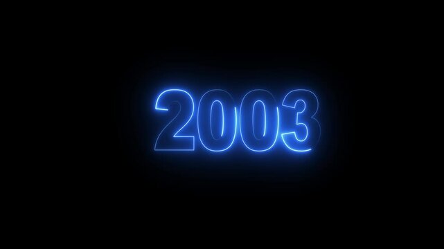 Glowing neon numeric text 2003 year countdown icon background 4k animation. cyan neon font alpha year. Neon year 2003 with alpha channel, Energy neon 2003 year.