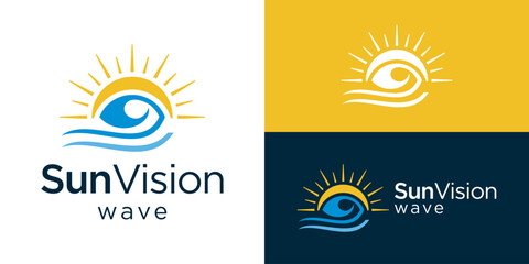 Creative simple sun vision logo template. Abstract wave and eye with nature sun logo design vector illustration.