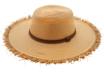 Rustic Straw Hat with Wide Brim and Brown Band Against White Background