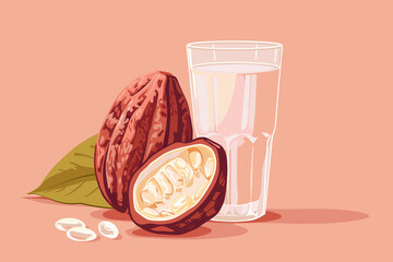 Vector illustration of cacao water in a glass and half of cacao fruit with palm leaves on a peach backdrop