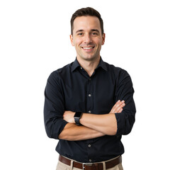 Handsome Smiling Businessman in a Black Shirt Standing with Arms Crossed on, PNG format