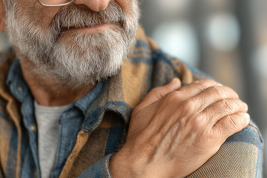 Senior Man's Aching Shoulder: An elderly man clutches his shoulder in discomfort, his face etched with the pain of arthritis, his beard tinged with gray, reflecting the challenges of aging with grace.