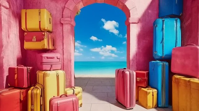 Colorful Luggage Display at Pink Resort Entrance Opening to Turquoise Beach
