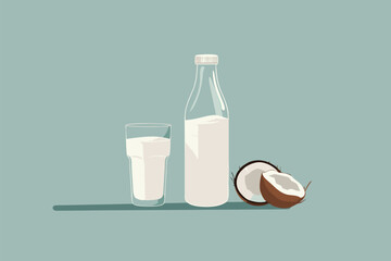 Vector illustration of coconut milk in a glass and bottle, split coconut on blue backdrop