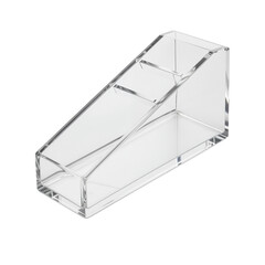 Empty acrylic pen organizer with limpid plastic texture, macro detail, clean studio shot, isolated on transparent background