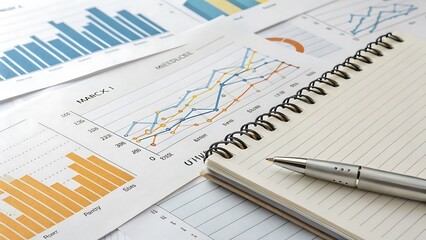 Analyzing financial charts with notebook and pen, visualizing growth, planning, and strategies for development and future success.