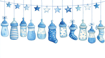 Illustration featuring baby bottle elements for a baby shower invitation or celebration decor