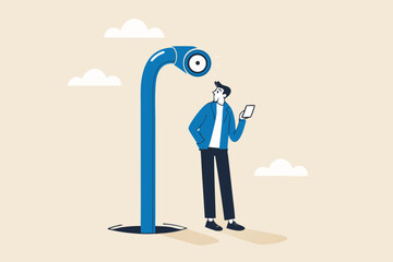 Mobile privacy, app that tracking all user behaviors for marketing, data protection or spyware concept, young adult man using mobile app or smart phone and found periscope watching him from behind.