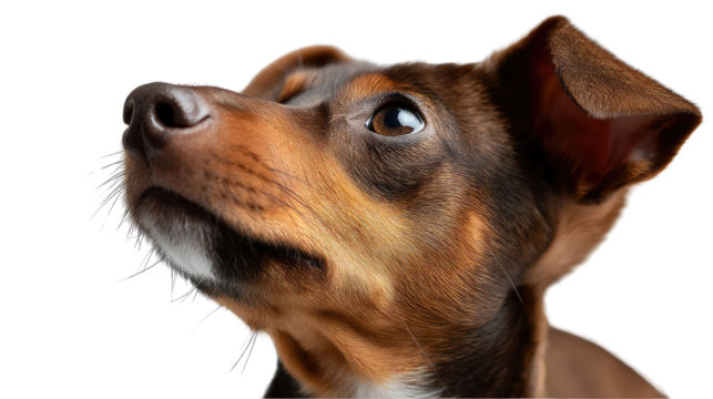 Loyal Gaze: A close-up shot of a small dog looks up, its eyes sparkling with curiosity. The adorable canine evokes a sense of pure adoration.