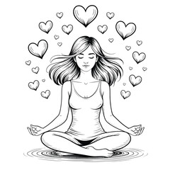 Black and white line art of serene woman meditating with flowing hair and floating hearts in tranquil dreamlike atmosphere