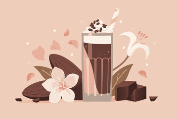 Vector illustration of cacao with whipped cream  in a glass with flowers and leaves and chocolate peaces on a peach backdrop