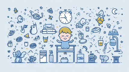 Outline-style vector showing baby daily routine: meals, bedtime, and cleaning tasks
