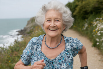 Active Senior Woman Jogging by the Sea: A joyful senior woman with short, curly gray hair smiles radiantly while jogging along a coastal path, showcasing vitality and the beauty of active aging.