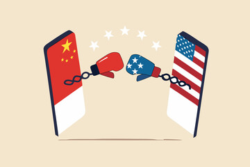 United States and China technology war, 2 countries compete to be leader of tech company, cold war sanctions and tariff concept, digital mobile phone with US and China flag fighting with boxing gloves