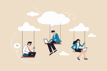 Cloud computing, remote work on company cloud infrastructure, technology to connect people concept, people businessman and woman office employees working with computer laptop on swing suspend on cloud