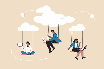 Cloud computing, remote work on company cloud infrastructure, technology to connect people concept, people businessman and woman office employees working with computer laptop on swing suspend on cloud
