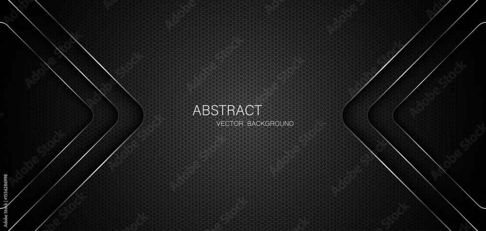 Poster Abstract black steel mesh background with silver glowing lines with free space for design. Modern technology innovation concept background. Perforated dark metal sheet for background image.	