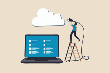 Connect to cloud computing, technology to share secured file and communicate with team while working remotely, upload and download files concept, businessman connect network line with cloud computing.