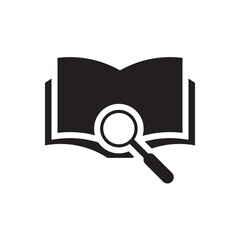 Book search icon. Open book with magnifier, symbolizing research, library, or e-learning.