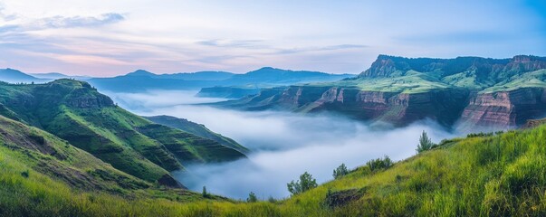 Obraz premium A panoramic view of a lush green valley with mist enveloping the landscape under a soft sunrise sky.