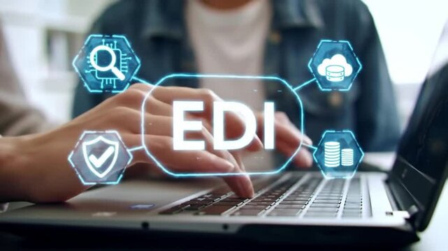 EDI Concept Hands Typing on Laptop with Electronic Data Interchange Graphic Overlay, Business Integration Technology