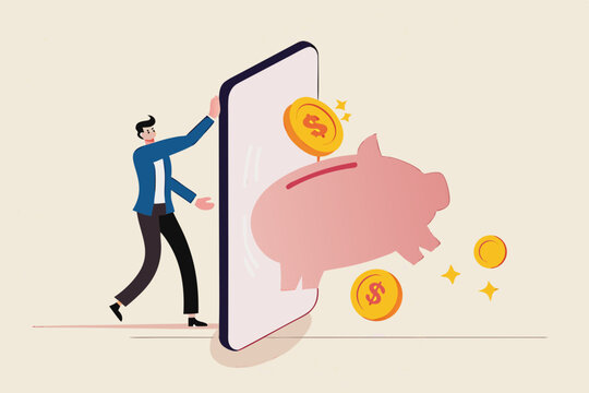 Fintech financial technology, banking mobile app for spending investment and saving concept, businessman investor standing with mobile application with wealthy pink piggy bank with money coins jumping