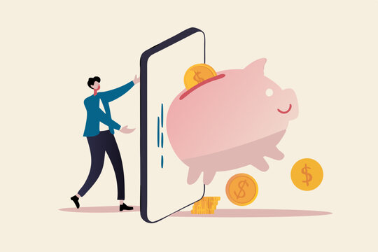 Fintech financial technology, banking mobile app for spending investment and saving concept, businessman investor standing with mobile application with wealthy pink piggy bank with money coins jumping