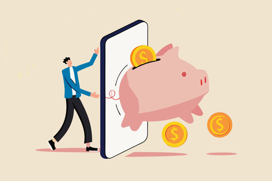 Fintech financial technology, banking mobile app for spending investment and saving concept, businessman investor standing with mobile application with wealthy pink piggy bank with money coins jumping