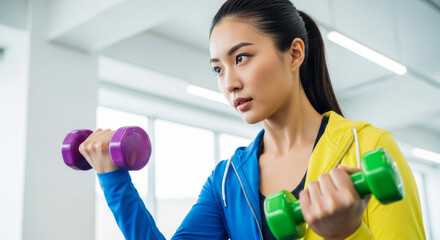 Asian woman exercising with colorful dumbbells in modern gym. Fitness training with purple and green weights in bright athletic facility concept.
