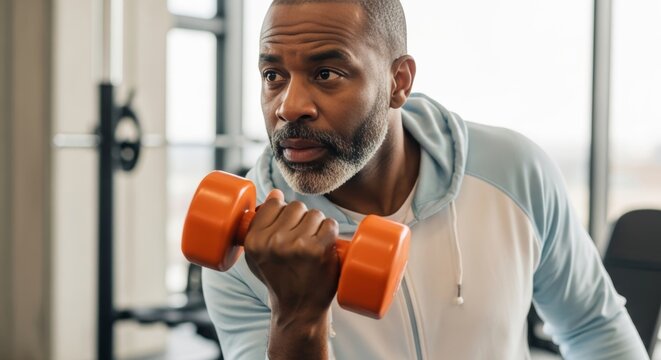 Middle-aged Black man doing bicep curls with weights at home. Active lifestyle, personal fitness and wellness routine for mature adults. - Powered by Adobe