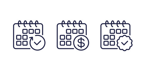 monthly subscription auto-renewal line icons, payment plan and period
