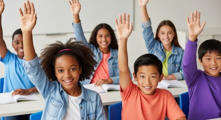Excited children with raised hands sitting at desks in bright classroom. Elementary education, student participation and enthusiastic learning concept.