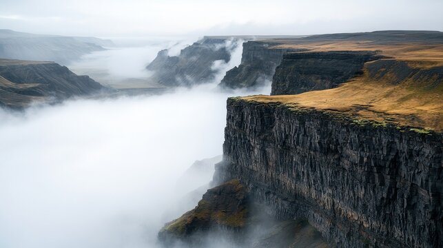 Misty canyon with steep cliffs and rugged terrain under a cloudy sky, creating a dramatic and ethereal landscape.