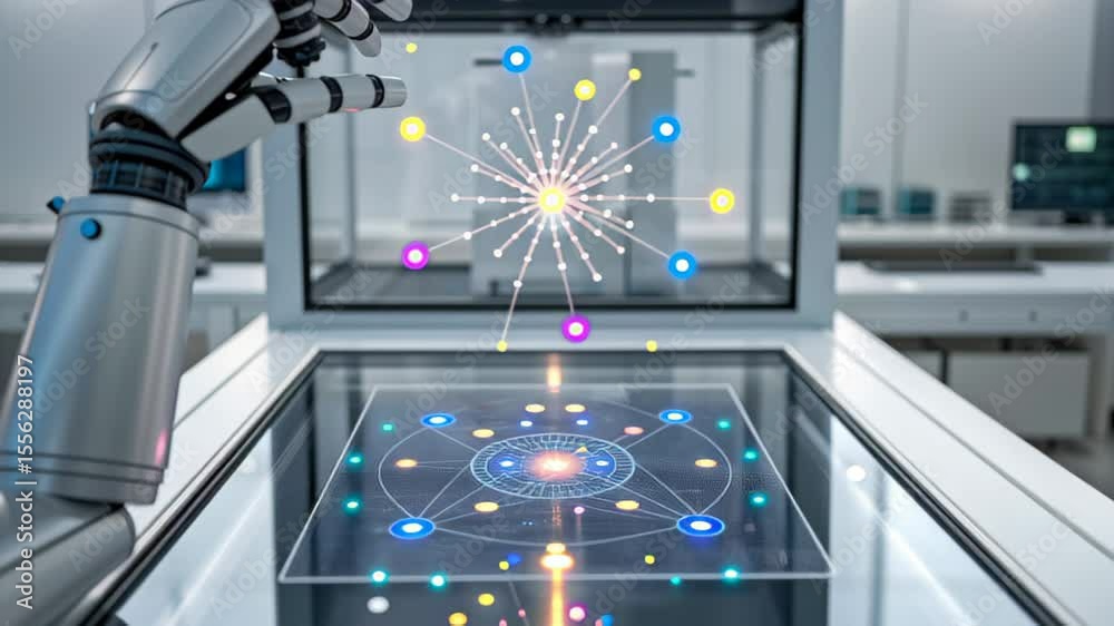Poster robotic hand engages with digital interface showcasing quantum ai development concepts in futuristic