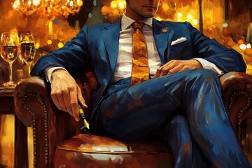 Elegant man in tailored blue suit sitting in luxurious armchair
