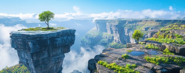 A lone tree stands atop a flat rock pillar surrounded by clouds and expansive cliffs under a bright blue sky.