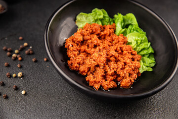 Tuna tomato sauce canned fish seafood fresh delicious gourmet food background on the table rustic food top view copy space keto and paleo diet vegan food pescetarian diet
