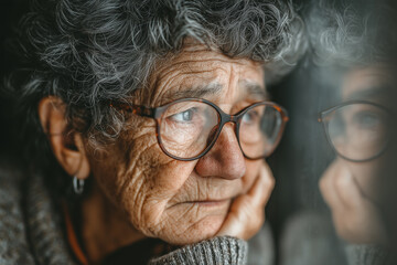Elderly Woman Contemplating: A close-up portrait of an elderly woman with gray, curly hair and glasses, her expression pensive as she gazes out a window.