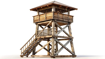 a tall wooden watchtower with a weathered, aged appearance isolated on white background