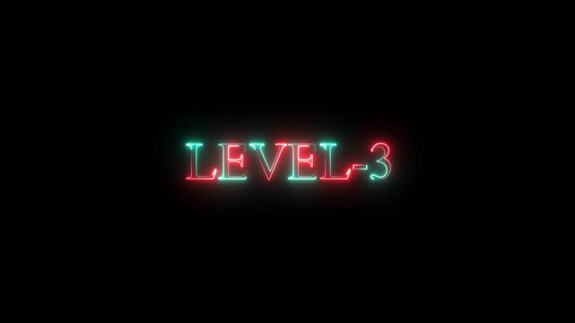 level 3 neon bright text font colorful 4k video animation. Level 3 text animation by yellow color neon mask glow on black background.