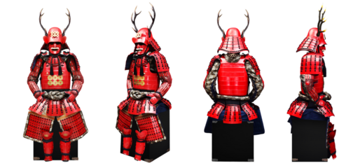 Samurai armor , yoroi armor of a samurai warrior. Authentic Samurai Armor red color and antler set photo on transparent background.