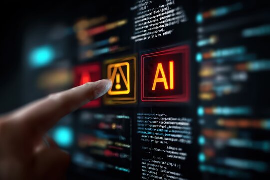 Hand points to a screen with highlighted 'AI' icon amidst floating code