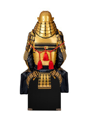 Samurai armor , yoroi armor of a samurai warrior. Authentic Samurai Armor gold color back view on transparent background.